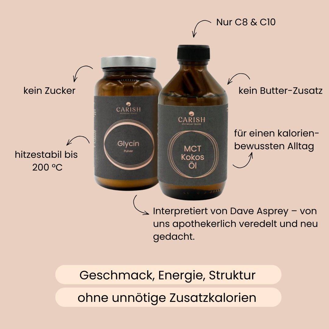 Die 2 Produkte des Bulletproof Pakets und rundherum die Vorteile bei Einnahme. 