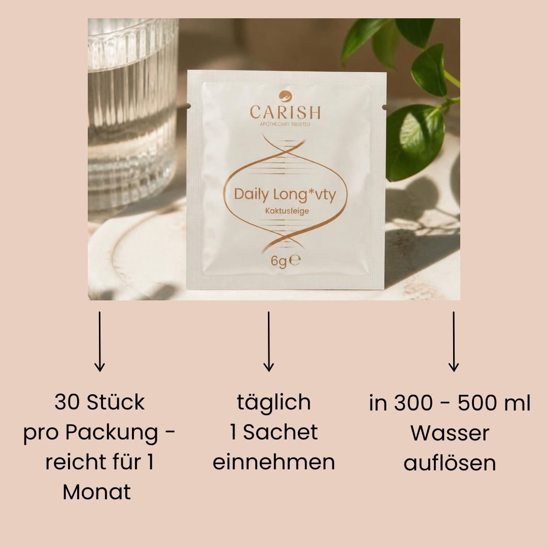Das Sachet vom Daily Longevity Kaktusfeige mit der Einnahmeempfehlung. 