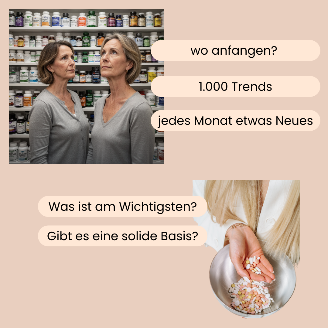 2 Frauen stehen vor einem Regal gefüllt mit Kapseln und sind ratlos was sie nehmen sollen. 