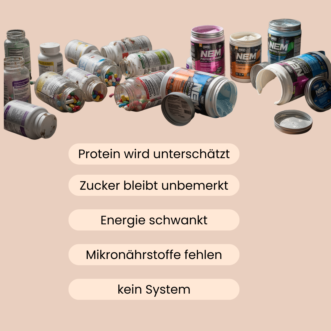viele offene Kapsel und Pulverbehälter liegen herum. 