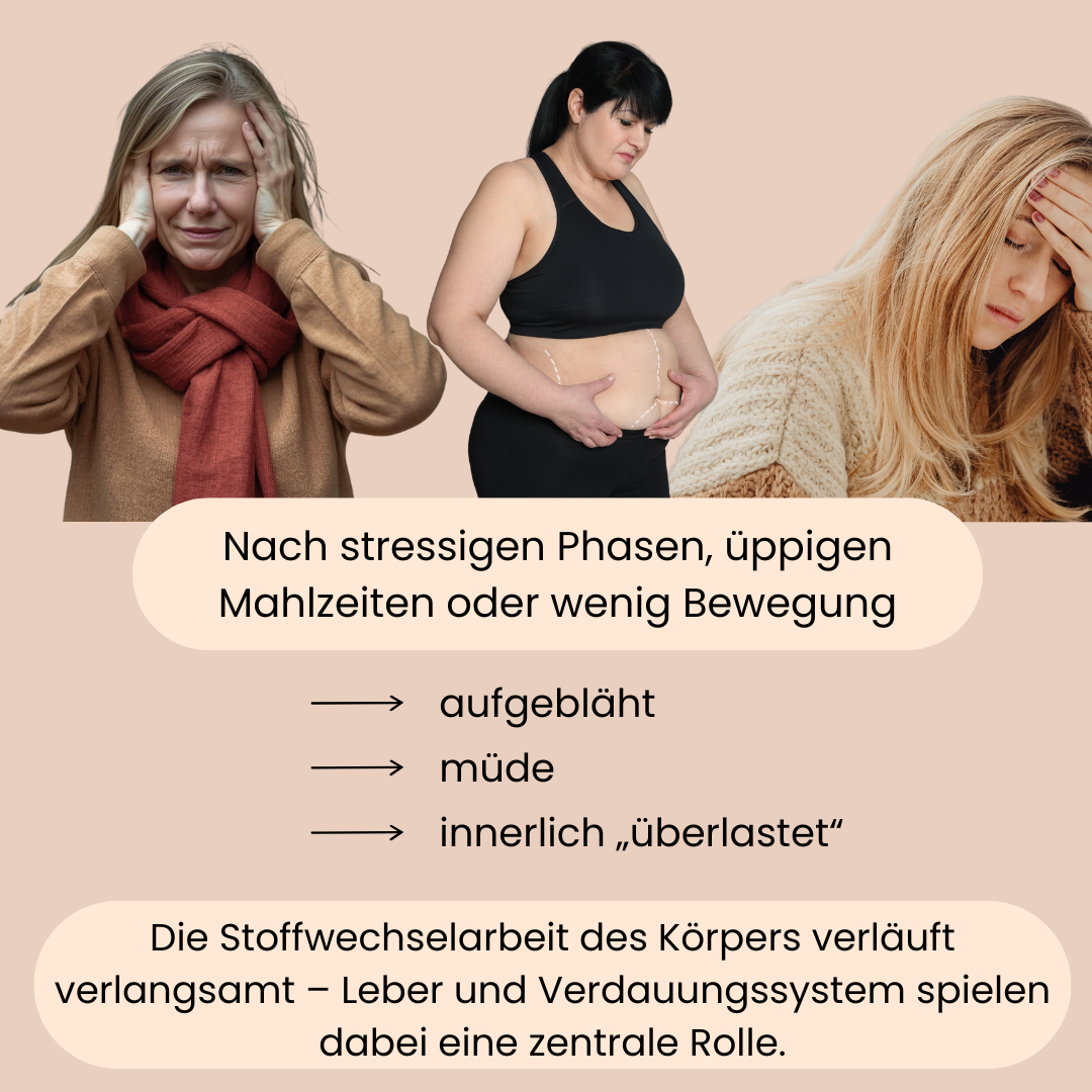 Frauen, die aufgebläht, müde und innerlich überlastet sind. Auch stressige Phasen und wenig Bewegung haben. 