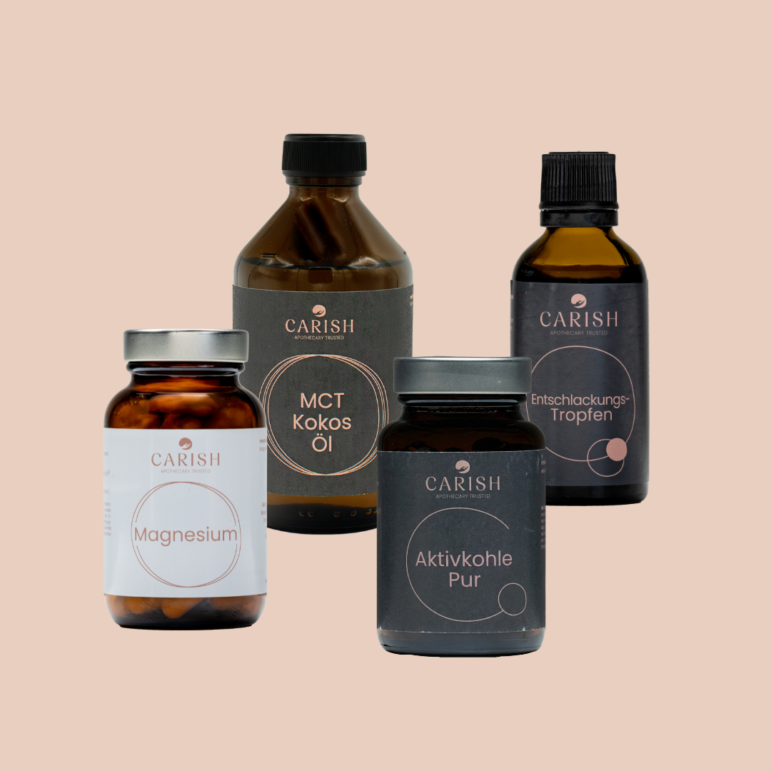 Die 4 Produkte des Detox-Pakets. Magnesium, Sättigungs Öl, Aktivkohle Pur und die Entschlackungs-Tropfen. 