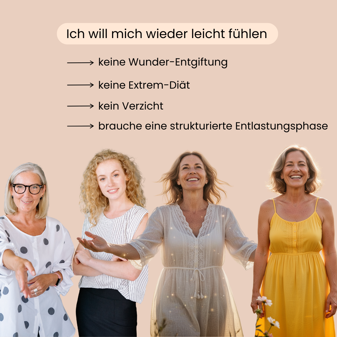 Frauen, die in die Kamera lachen und sich wieder leicht fühlen möchten, ohne Wunder Entgiftung oder extremen Diäten. 