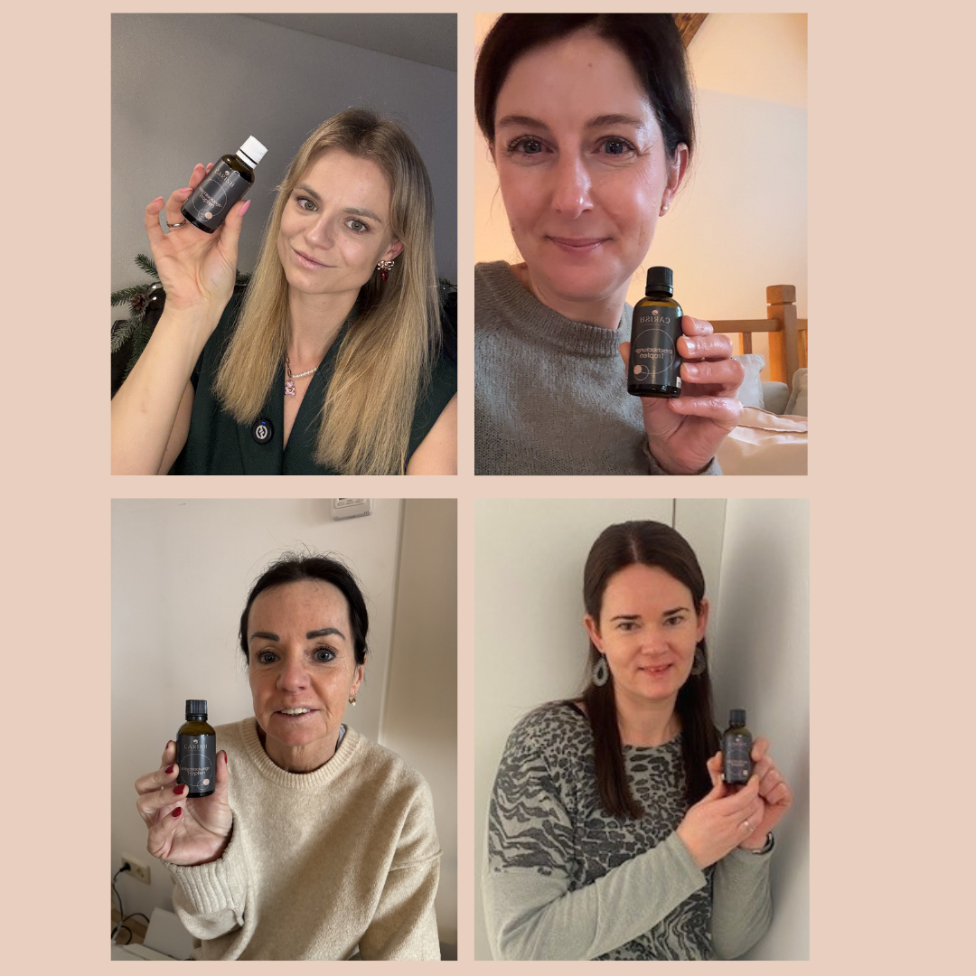 4 zufriedene Kundinnen halten die Entschlackungstropfen in die Kamera. 