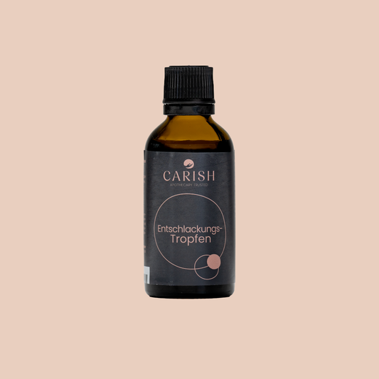 Brauner Glasbehälter mit Etikett und verschraubbarem weißen Deckel der Entschlackungstropfen zum Abnehmen. 