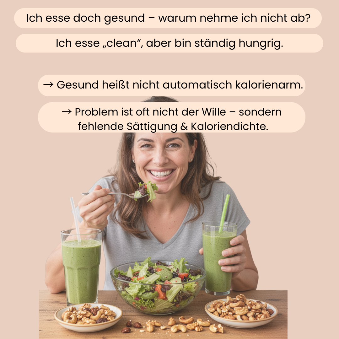 Eine Frau sitzt an einem Tisch und isst einen Salat. Sie hat in der linken Hand einen grünen Smoothie und Nüsse liegen überall verstreut. 