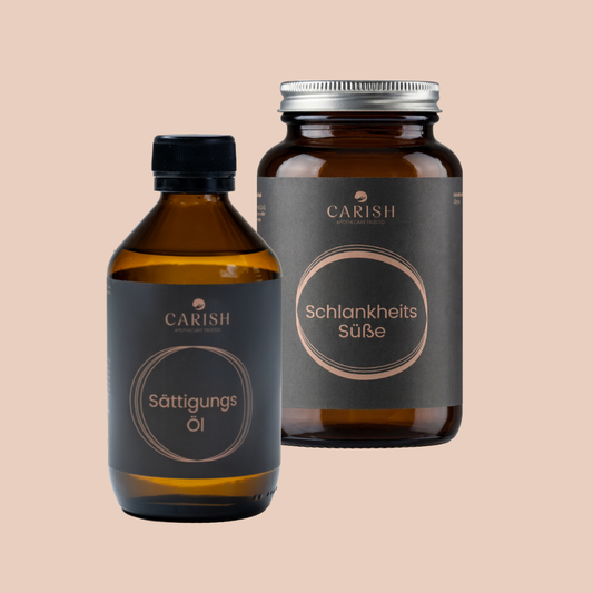 Die 2 Produkte des Fettkiller Pakets. Links das Sättigungs Öl und rechts die Schlankheits Süße. 