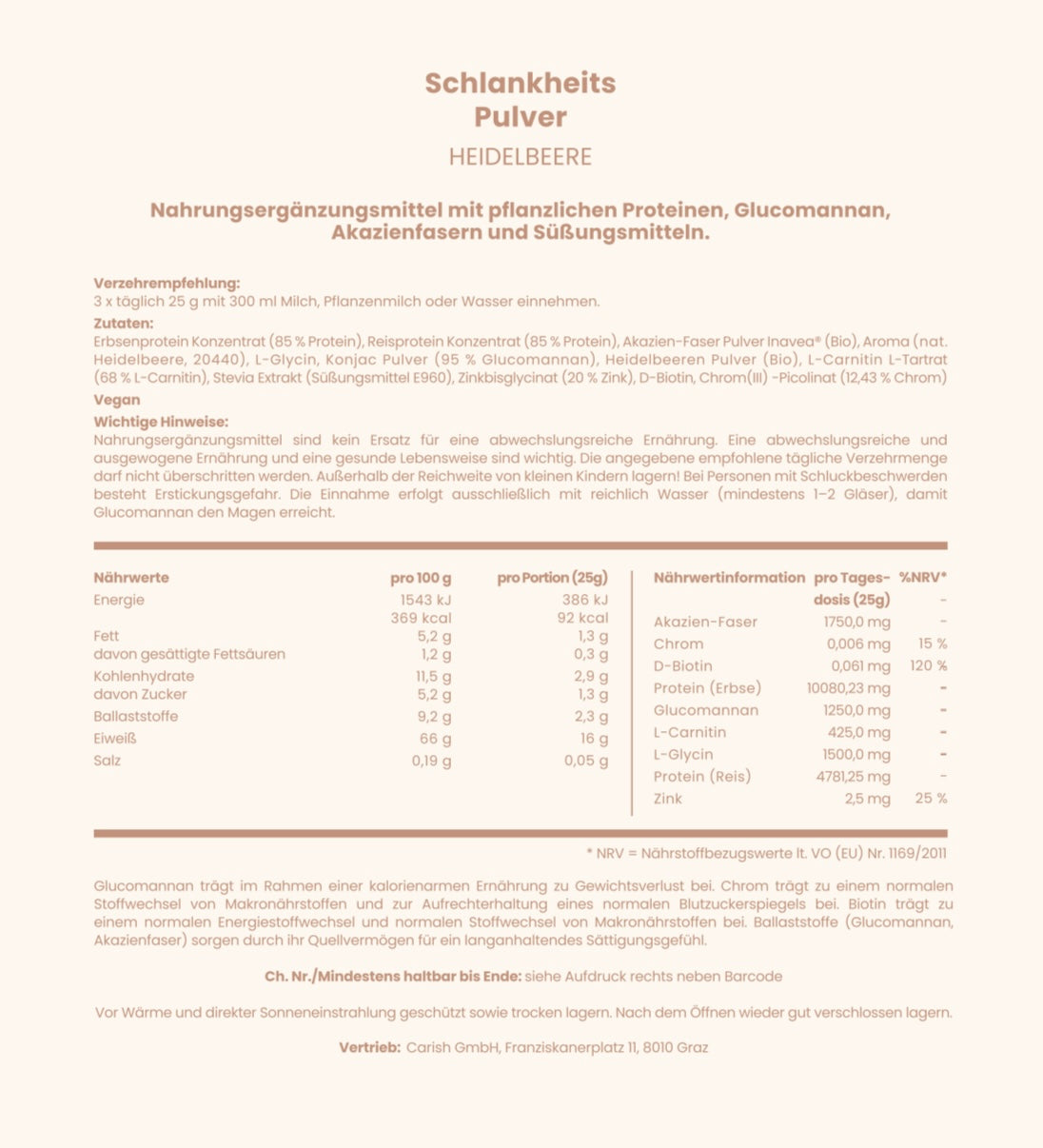 Alle Infos zum Schlankheitspulver Heidelbeere mit Verzehrempfehlung, wichtigen Hinweisen, Nährstoffen und Mindesthaltbarkeitsdatum. 