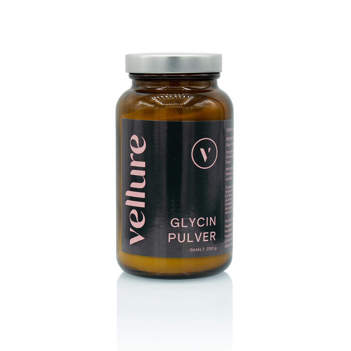 Braune Glasverpackung mit silbernem Deckel und schwarzer Banderole des Glycin Pulvers mit Kollagen.