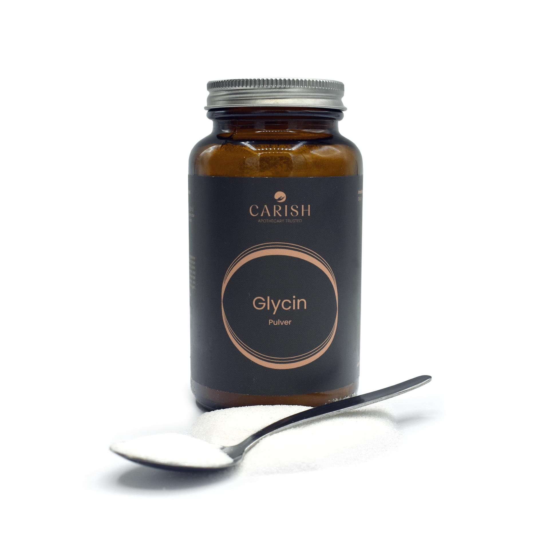 Die dunkelbraune Glasverpackung des Glycin Pulvers und im Vordergrund auf einem Löffel das Pulver zur Ansicht.