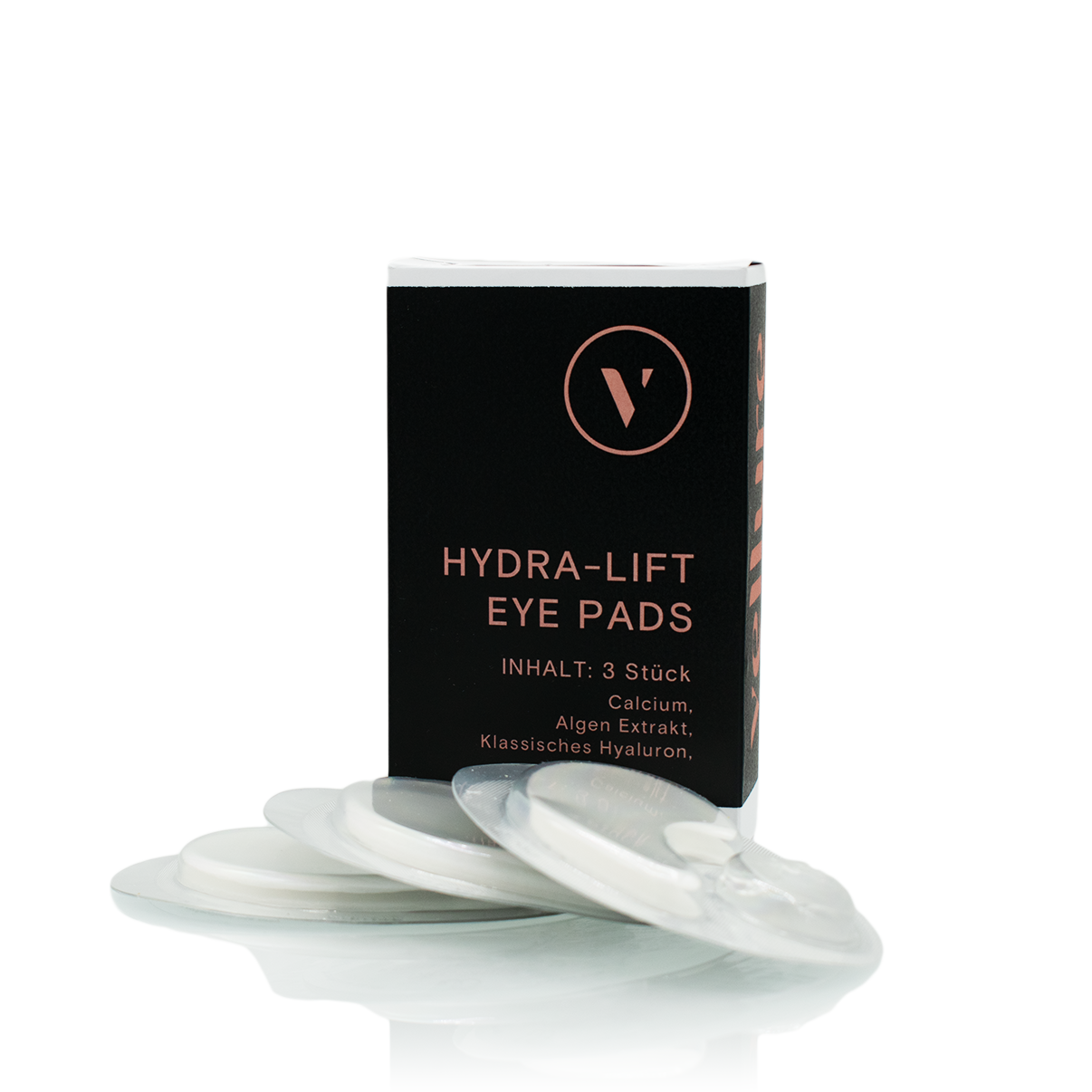 Abbildung der Hydra Lift Eyepads in einer Kartonverpackung und im Vordergrund 3 Eye Pads zur Ansicht.