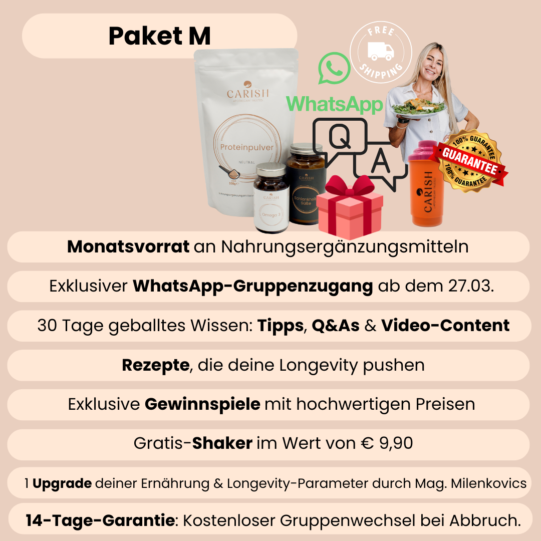 Die Auflistung der Inhalte vom Paket M der Longevity Gruppe von Carish. 
