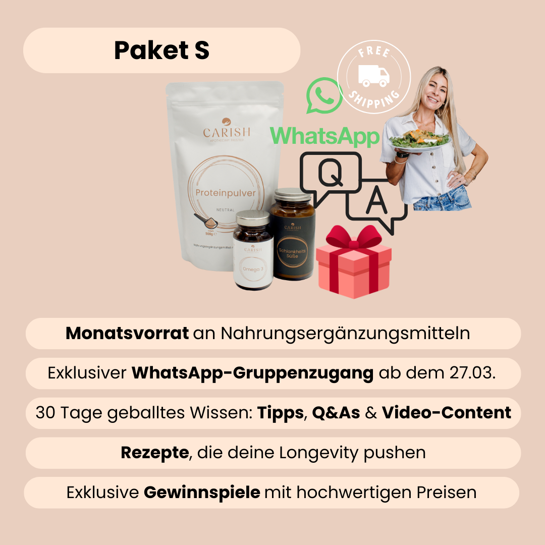 Die Auflistung der Inhalte vom Paket S der Longevity Gruppe von Carish. 
