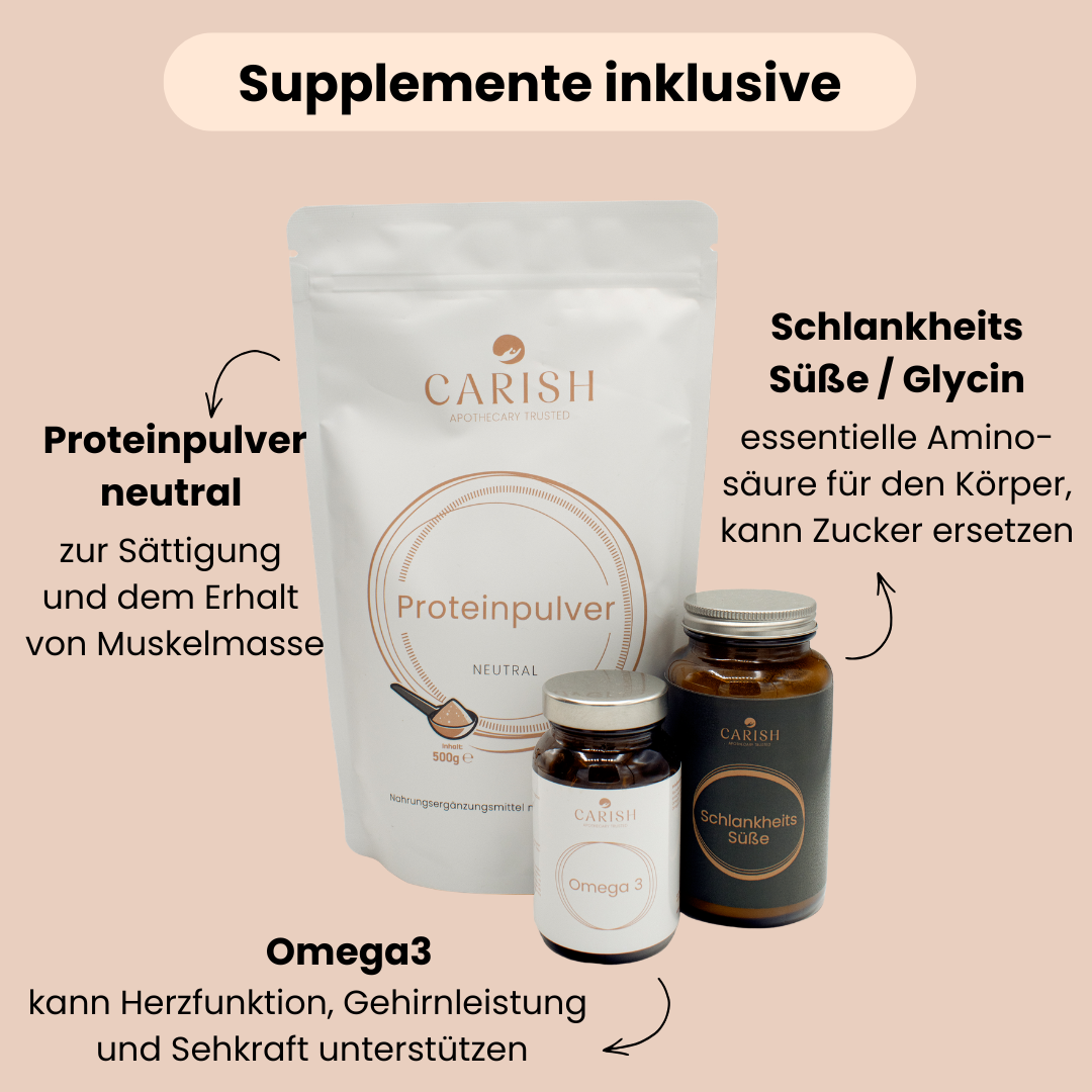 Supplemente der Longevity Gruppe mit Proteinpulver, Glycin und Omega 3 Kapseln. 