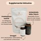 Supplemente der Longevity Gruppe mit Proteinpulver, Glycin und Omega 3 Kapseln. 