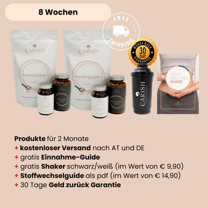 Das Longevity Paket für 2 Monate mit allen Vorteilen: Produkte für 1 Monat, kostenloser Versand, gratis Einnahme-Guide, gratis Shaker, gratis Stoffwechselguide und 30 Tage Geld zurück Garantie. 