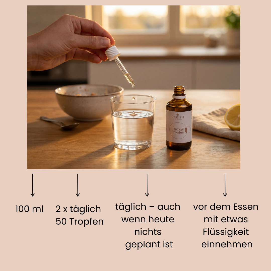 Ein Glas mit Wasser steht auf einem Tisch. Eine Männerhand tropft die Lovagil Tropfen hinein. 