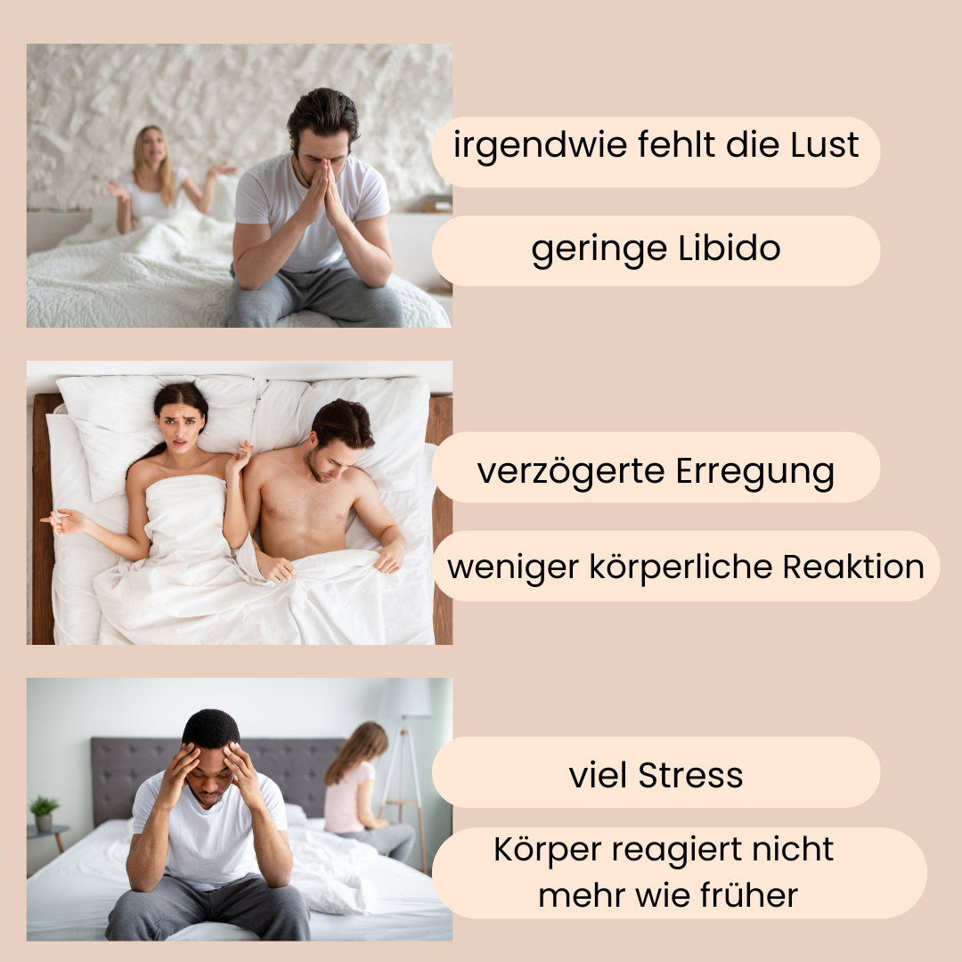 Leute im Schlafzimmer denen die Lust fehlt, verzögerte Erregung und wenig körperliche sexuelle Reaktion verspüren. 