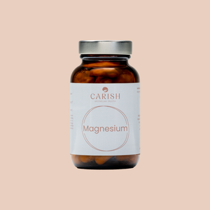 Brauner Glasbehälter mit weißem Etikett und verschraubbarem silbernen Deckel der Magnesium Kapseln.