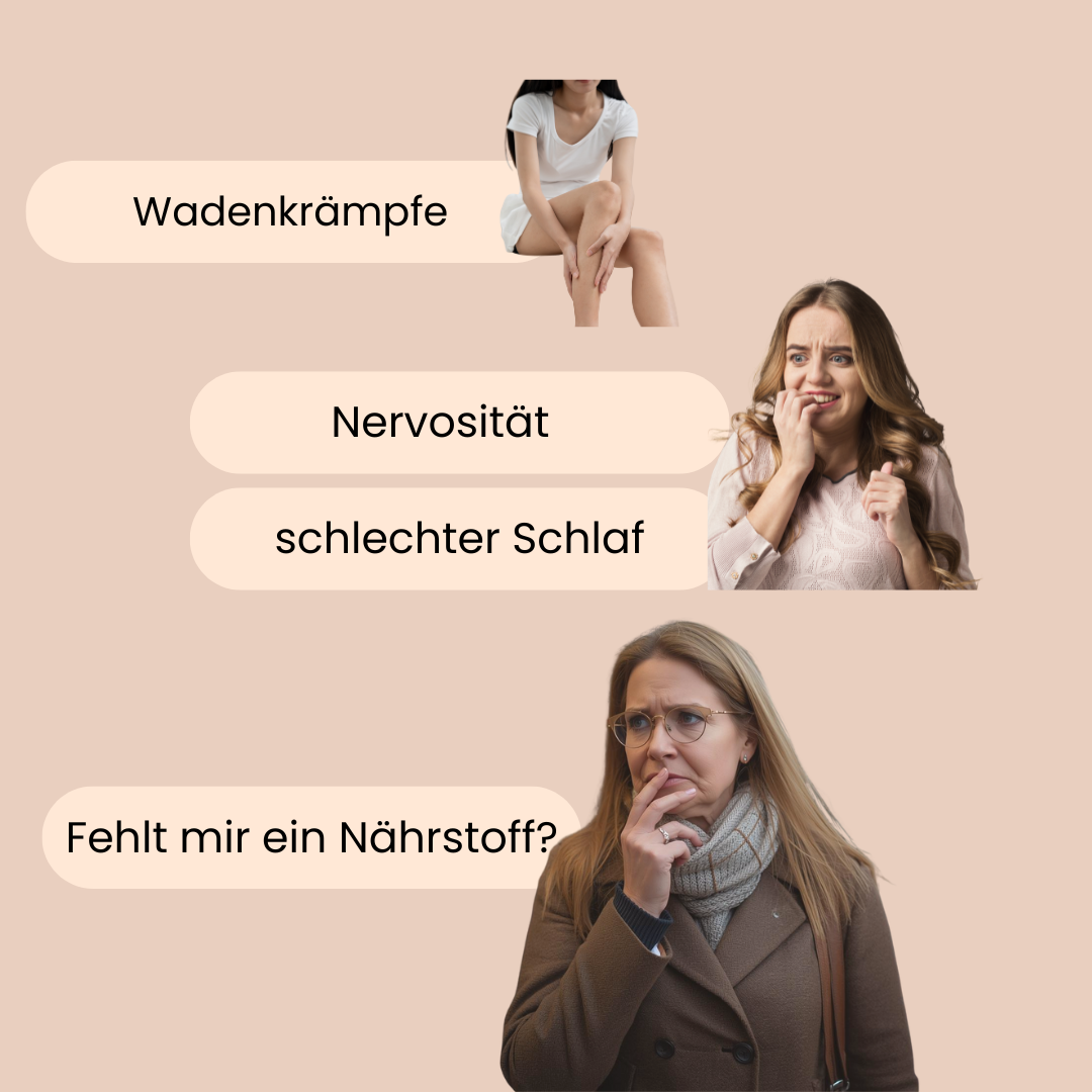 Frauen, die unter Wadenkrämpfe, Nervosität und schlechten Schlaf leiden. Die Frage ist, ob Ihnen ein Nährstoff fehlt. 