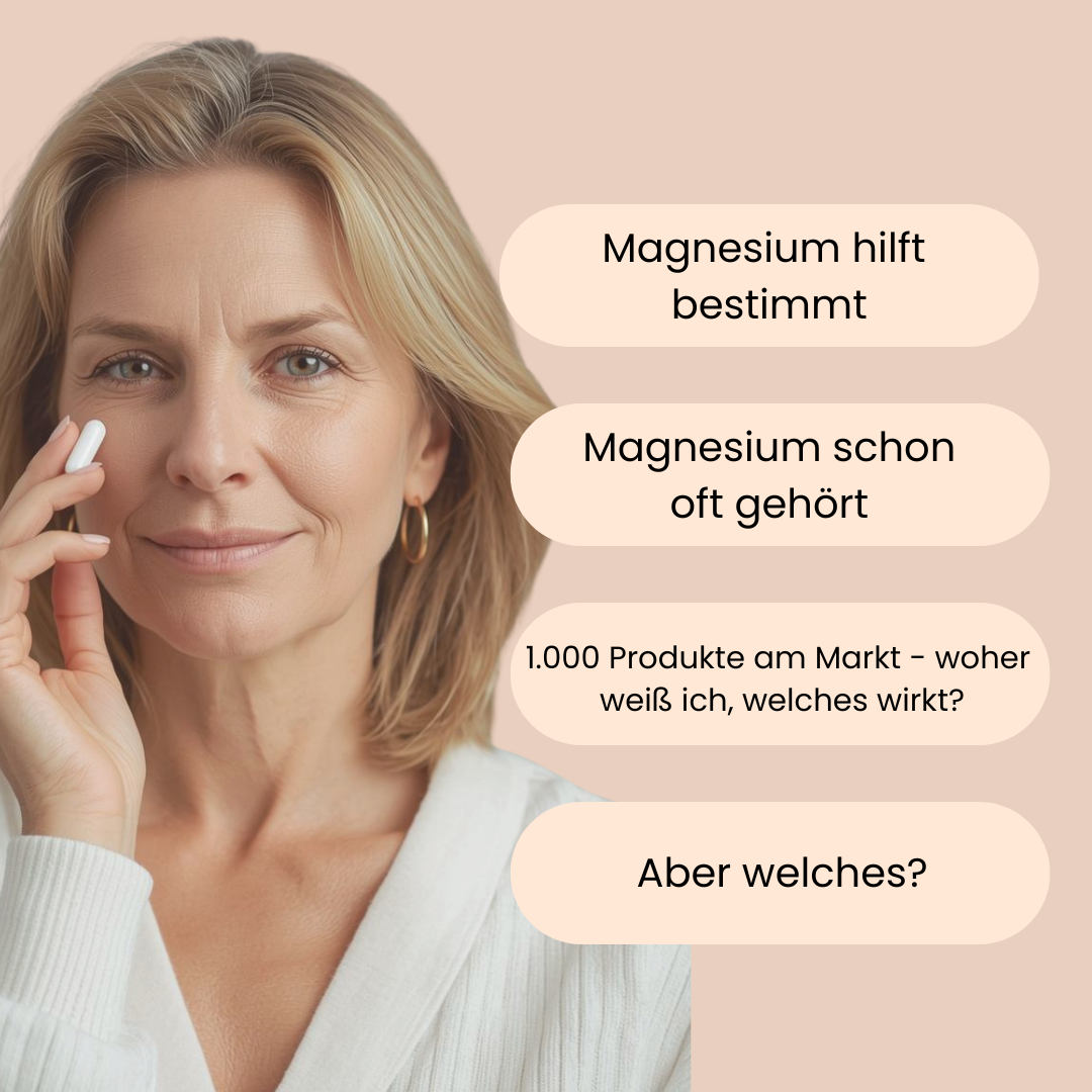 Eine Frau die eine Magnesium Kapsel in der Hand hält und unsicher ist, welches Magnesium vom Markt gut ist. 