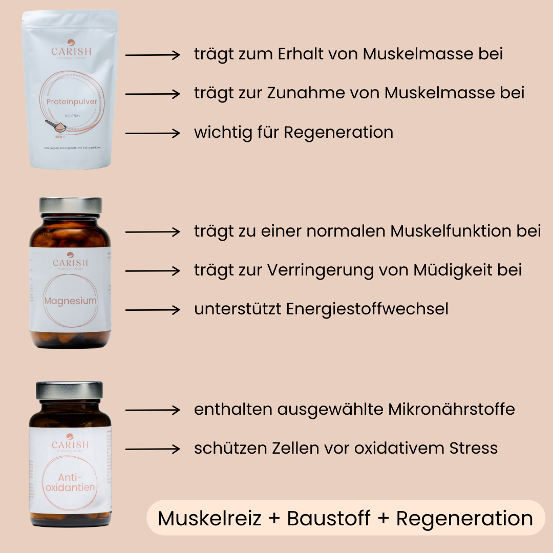 Die 3 Produkte vom Muskelpaket aufgelistet mit den Vorteilen bei Einnahme zum Muskelaufbau, Baustoff und Regeneration. 