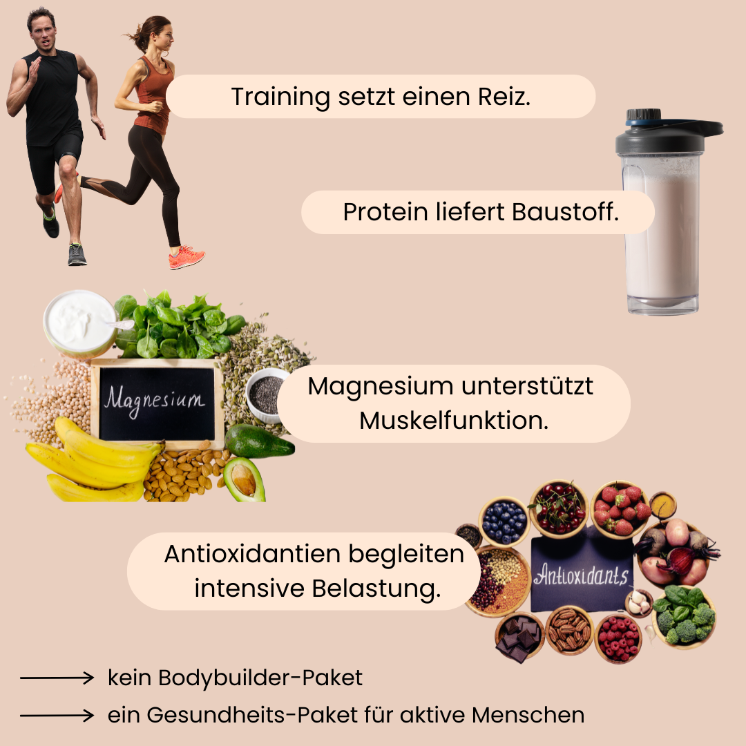 Hinweise, die man zum Muskelaufbau benötigt: Sport, Proteine, Magnesium und Antioxidantien. 