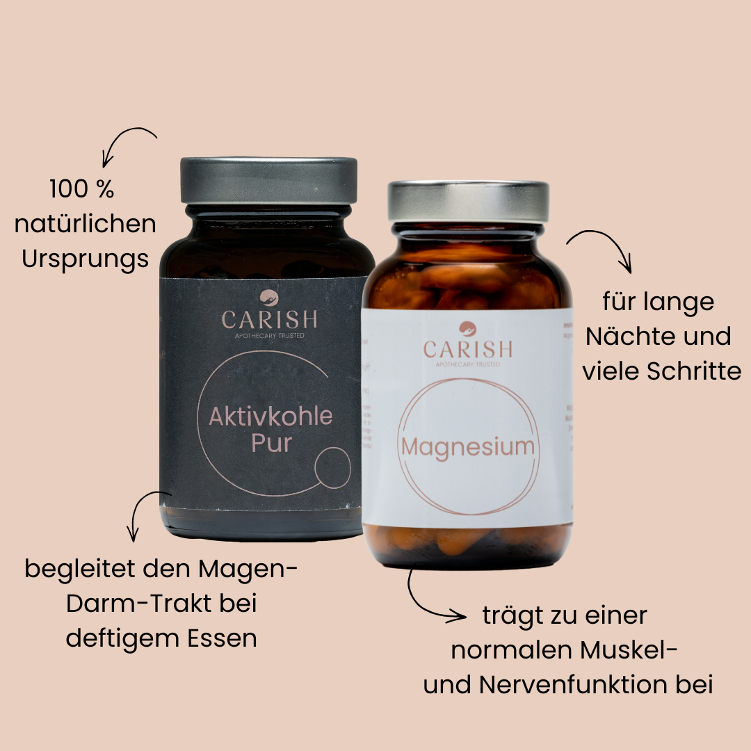 Die Vorteile der 2 Produkte vom Ozapft is Paket. Aktivkohle Kapseln, die den Magen-Darm Trakt bei deftigen Essen begleiten und das Magnesium gegen Kopfschmerzen. 