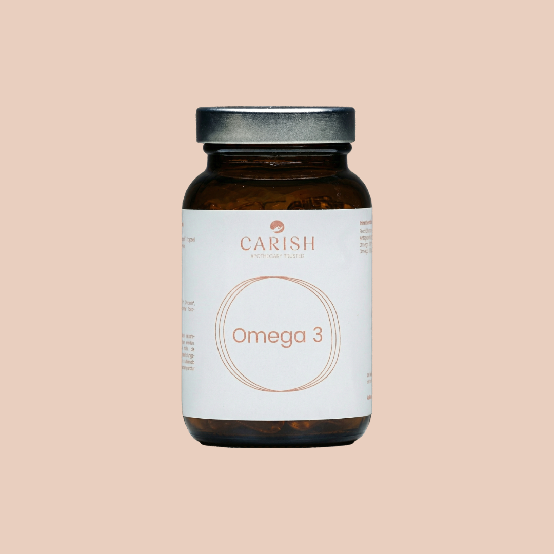 Braune Glasverpackung mit silbernem Deckel und weißem Etikett der Omega 3 Kapseln für Herz und Hirn. 