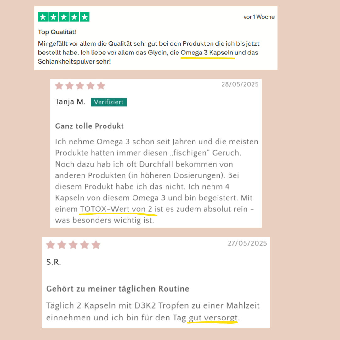 Schriftliche Rückmeldungen von zufriedenen Kunden zu den Omega 3 Kapseln. 