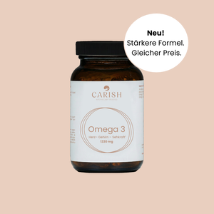 Braune Glasverpackung mit silbernem Deckel und weißem Etikett der Omega 3 Kapseln für Herz und Hirn. 