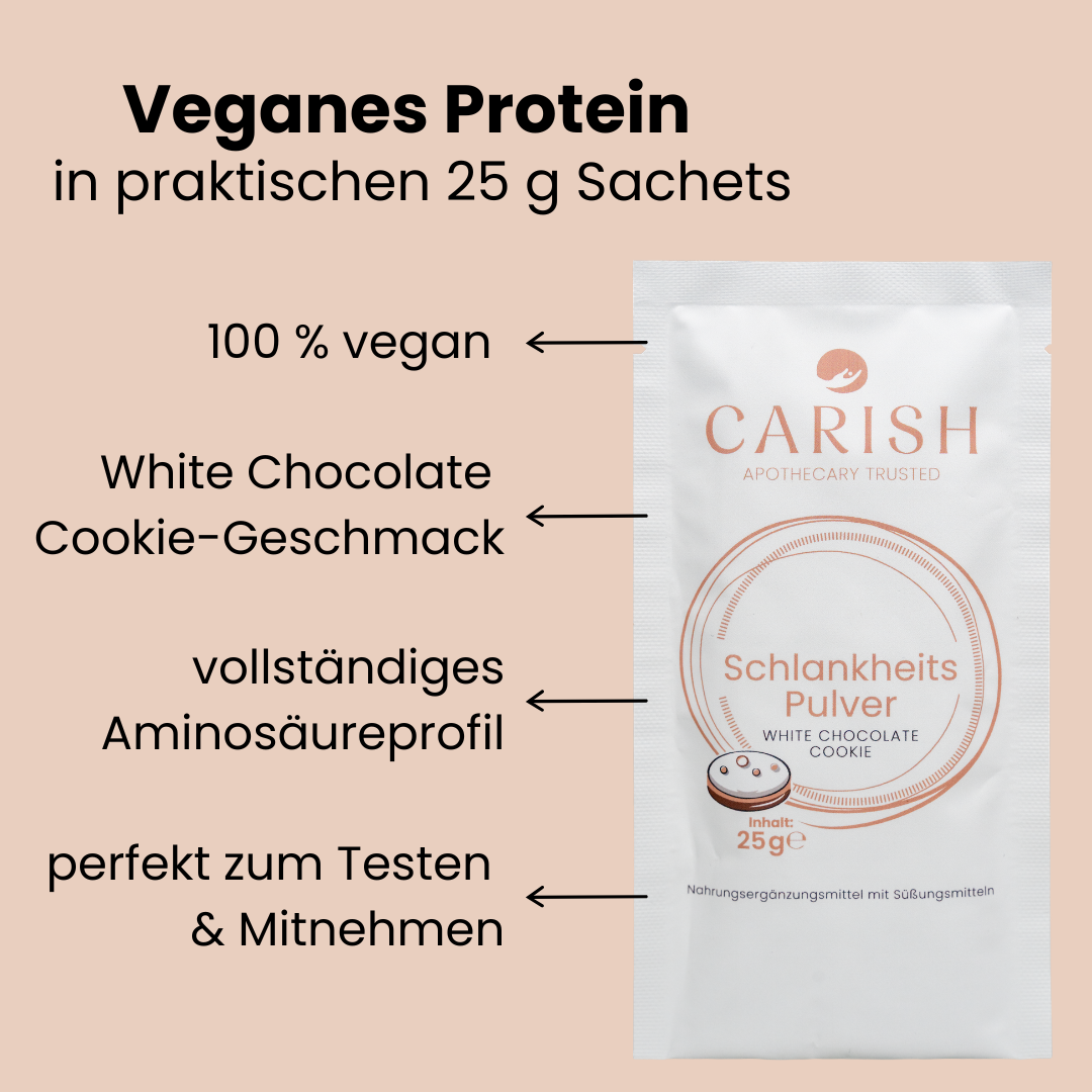 Das vegane Protein Schlankheitspulver White Chocolate Cookie in einem praktischen 25g Sachets perfekt zum Testen und Mitnehmen.  100% vegan mit vollständigem Aminosäureprofil. 