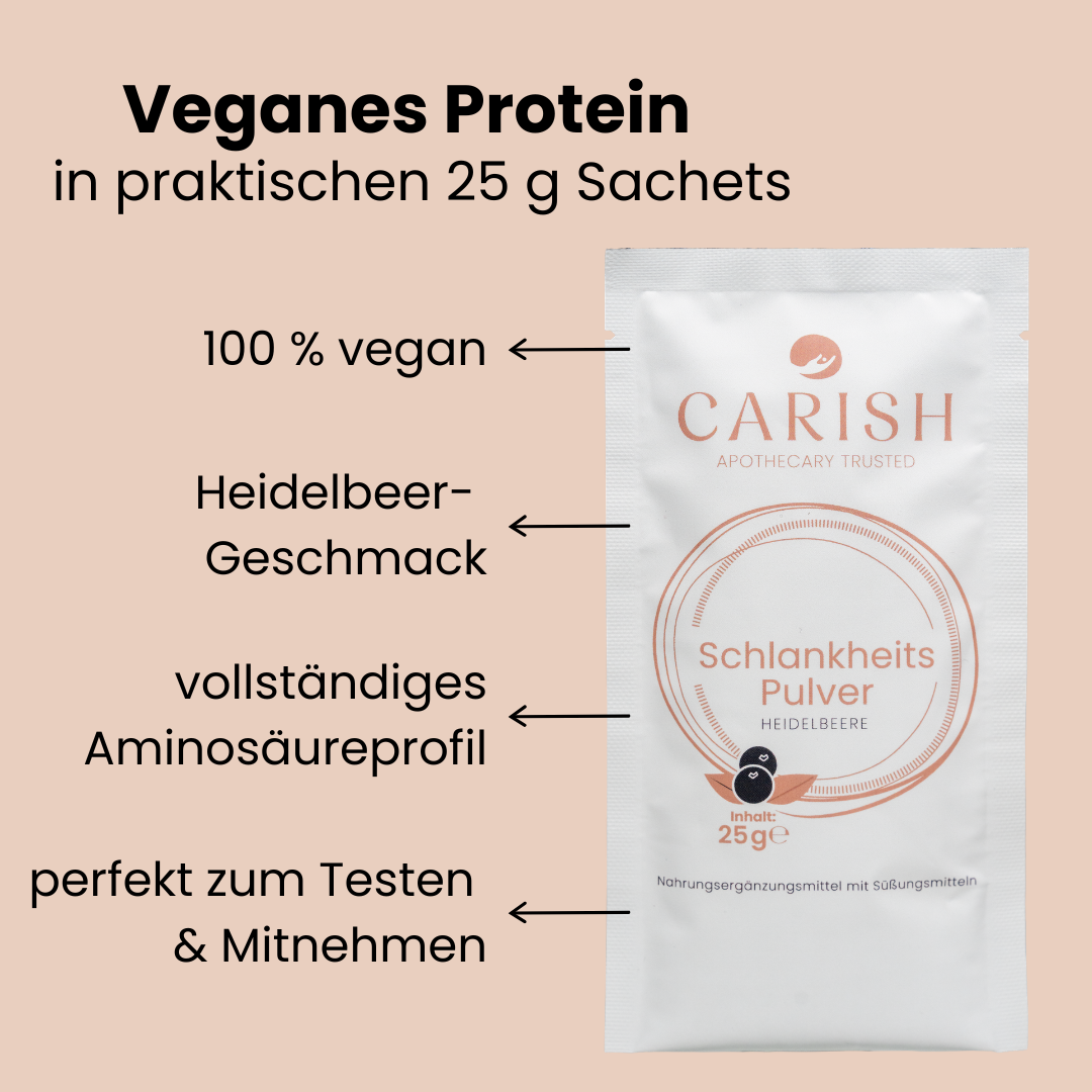 Das vegane Protein Schlankheitspulver Heidelbeere in einem praktischen 25g Sachets perfekt zum Testen und Mitnehmen. 