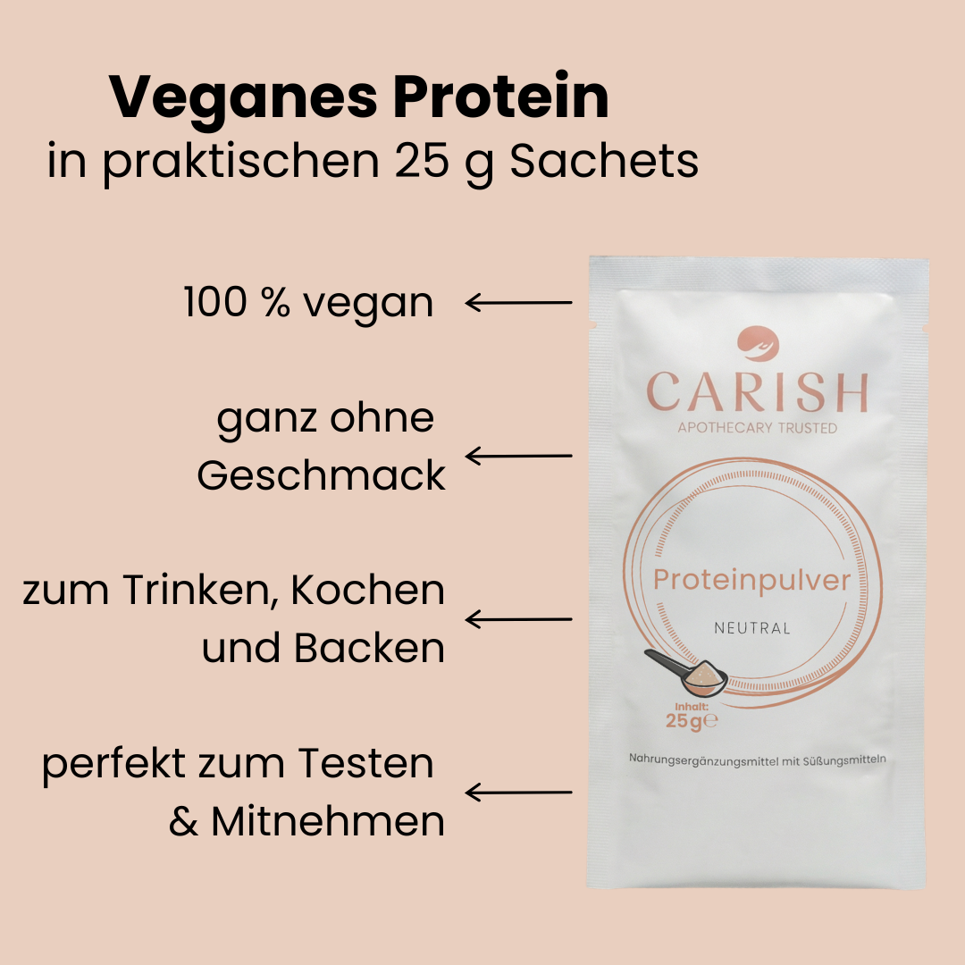 Proteinpulver neutral in 25g Sachets, vegan, ganz ohne Geschmack. Zum Trinken, Kochen und Backen geeignet - perfekt zum Mitnehmen und Testen. 