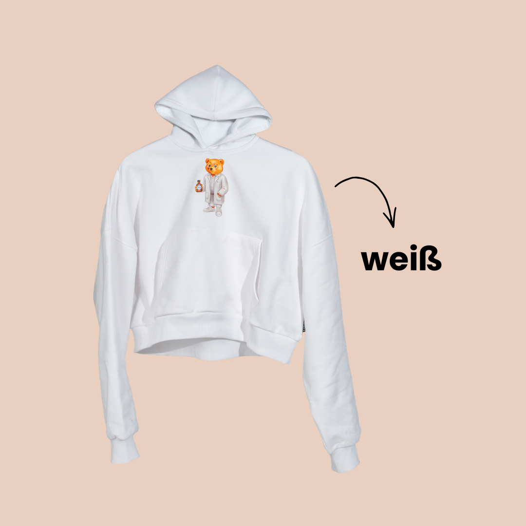 Ein weißer Hoodie mit einem Apothekerbär aufgedruckt. 