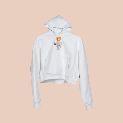 Ein weißer Hoodie mit einem Apothekerbär aufgedruckt. 