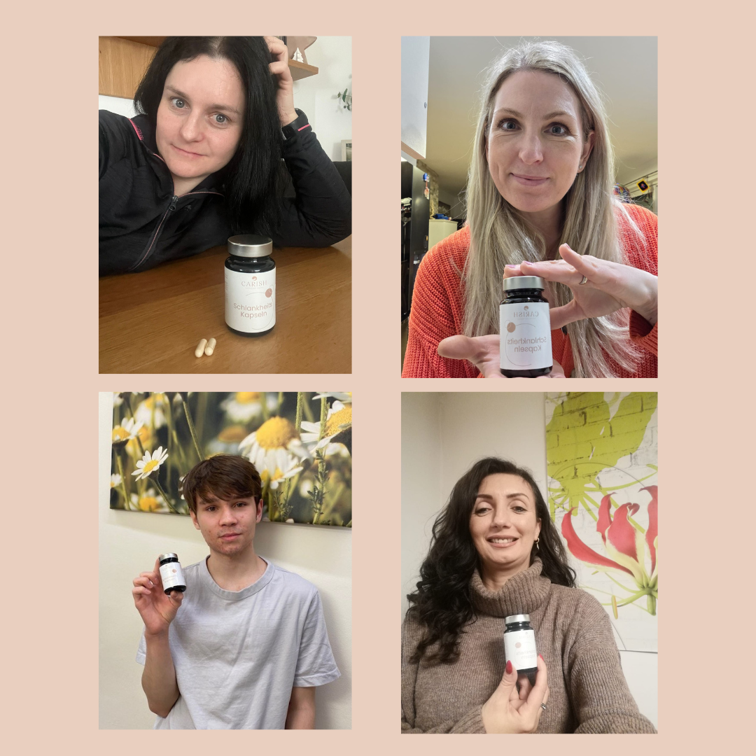 4 zufriedene Kundinnen halten die Schlankheitskapseln in die Kamera. 