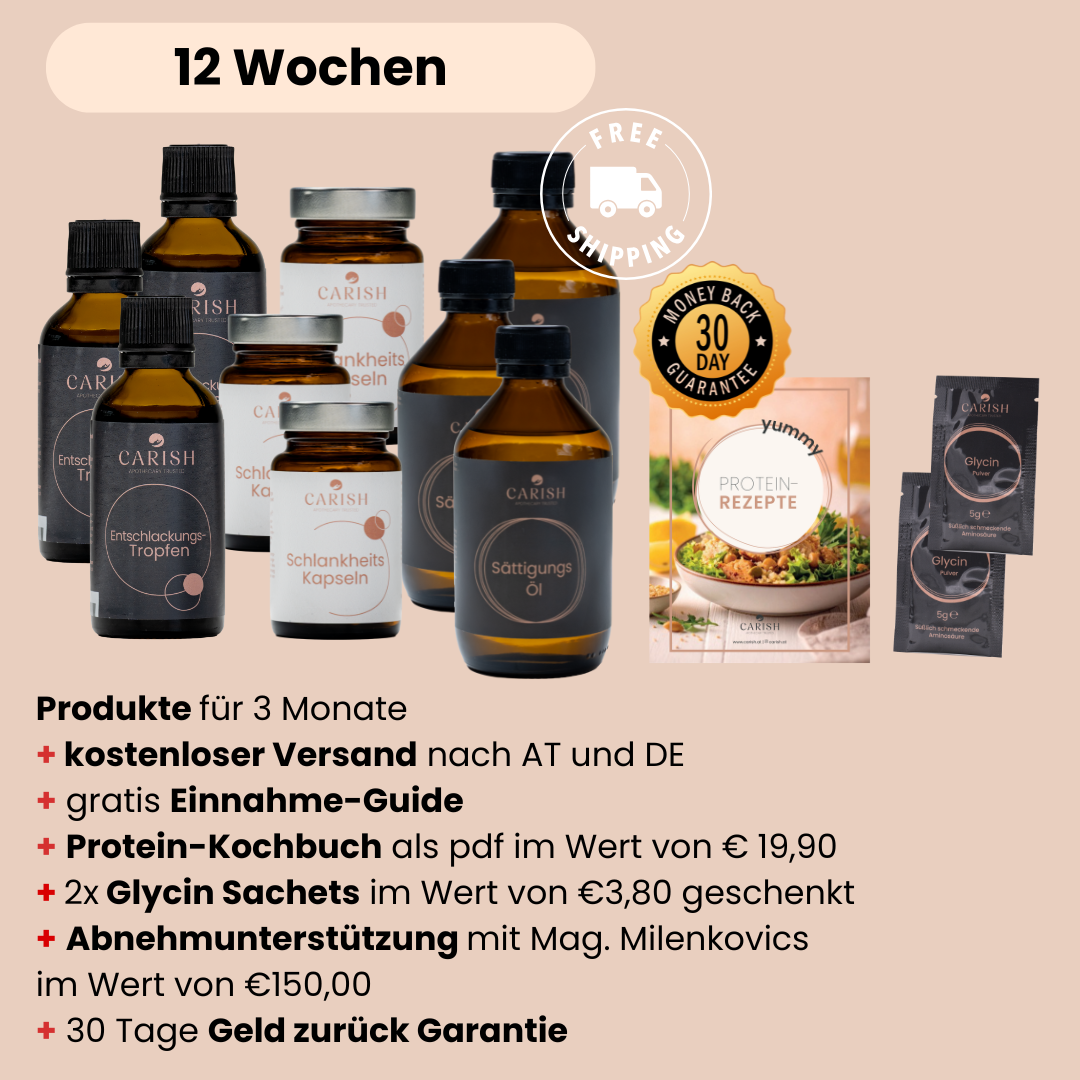 Die 3 Produkte vom Schlankheitspaket für 12 Wochen mit Entschlackungstropfen, Sättigungs Öl und Schlankheitskapseln und kostenlosen Versand, gratis Einnahme Guide, gratis Protein-Kochbuch, 30 Tage Geld zurück Garantie und Abnehmunterstützung. 
