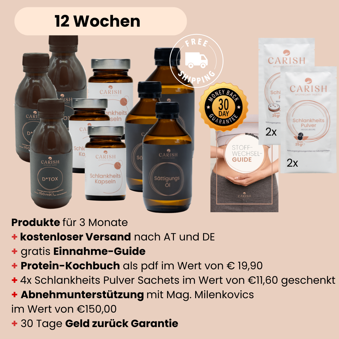 Die 3 Produkte vom Schlankheitspaket für 8 Wochen mit D*Tox Drink, Sättigungs Öl und Schlankheitskapseln und kostenlosen Versand, gratis Einnahme Guide, gratis Protein-Kochbuch, 30 Tage Geld zurück Garantie, Schlankheits Pulver Sachets und Abnehmunterstützung. 