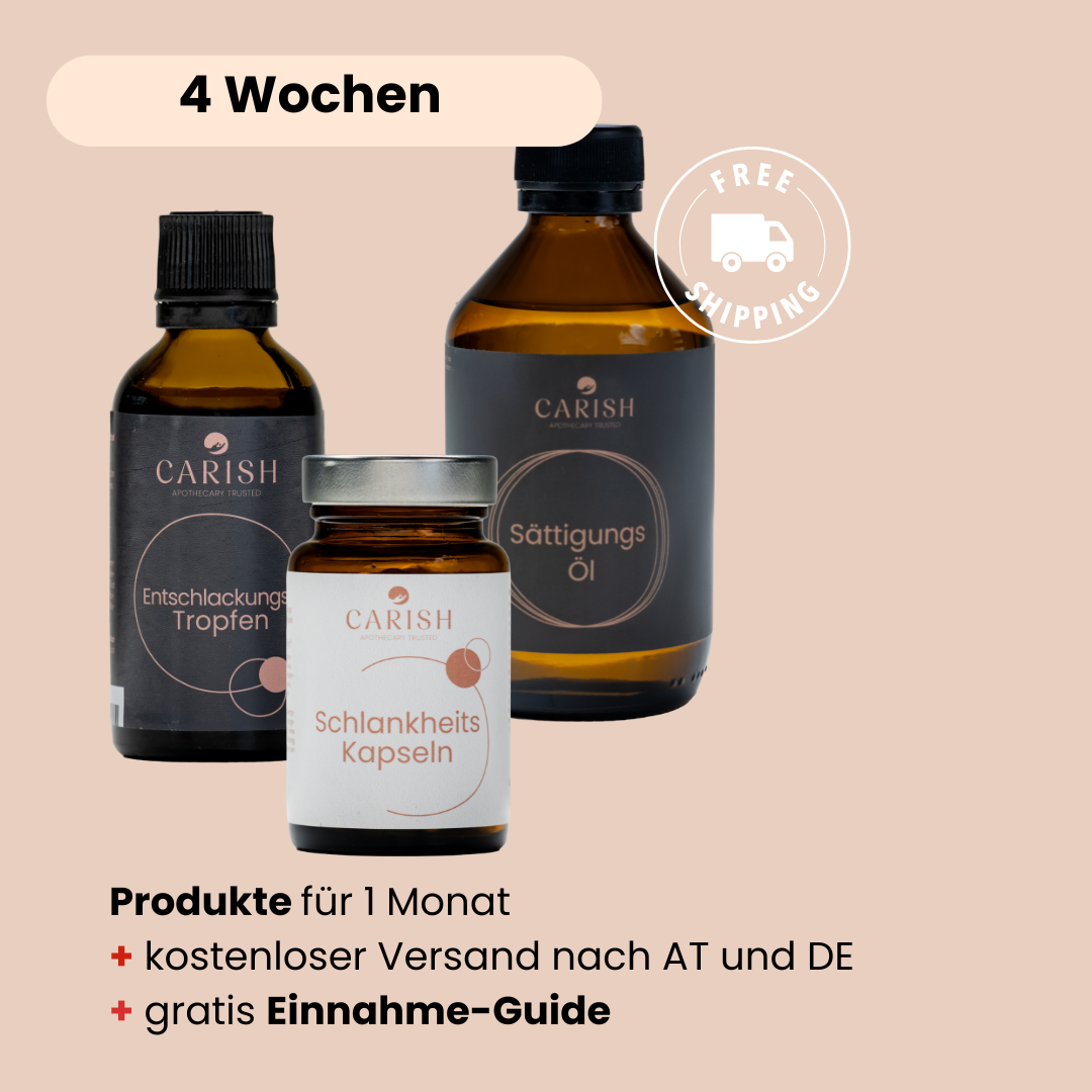 Die 3 Produkte vom Schlankheitspaket für 4 Wochen mit Entschlackungstropfen, Sättigungs Öl und Schlankheitskapseln und kostenlosen Versand und gratis Einnahme Guide. 