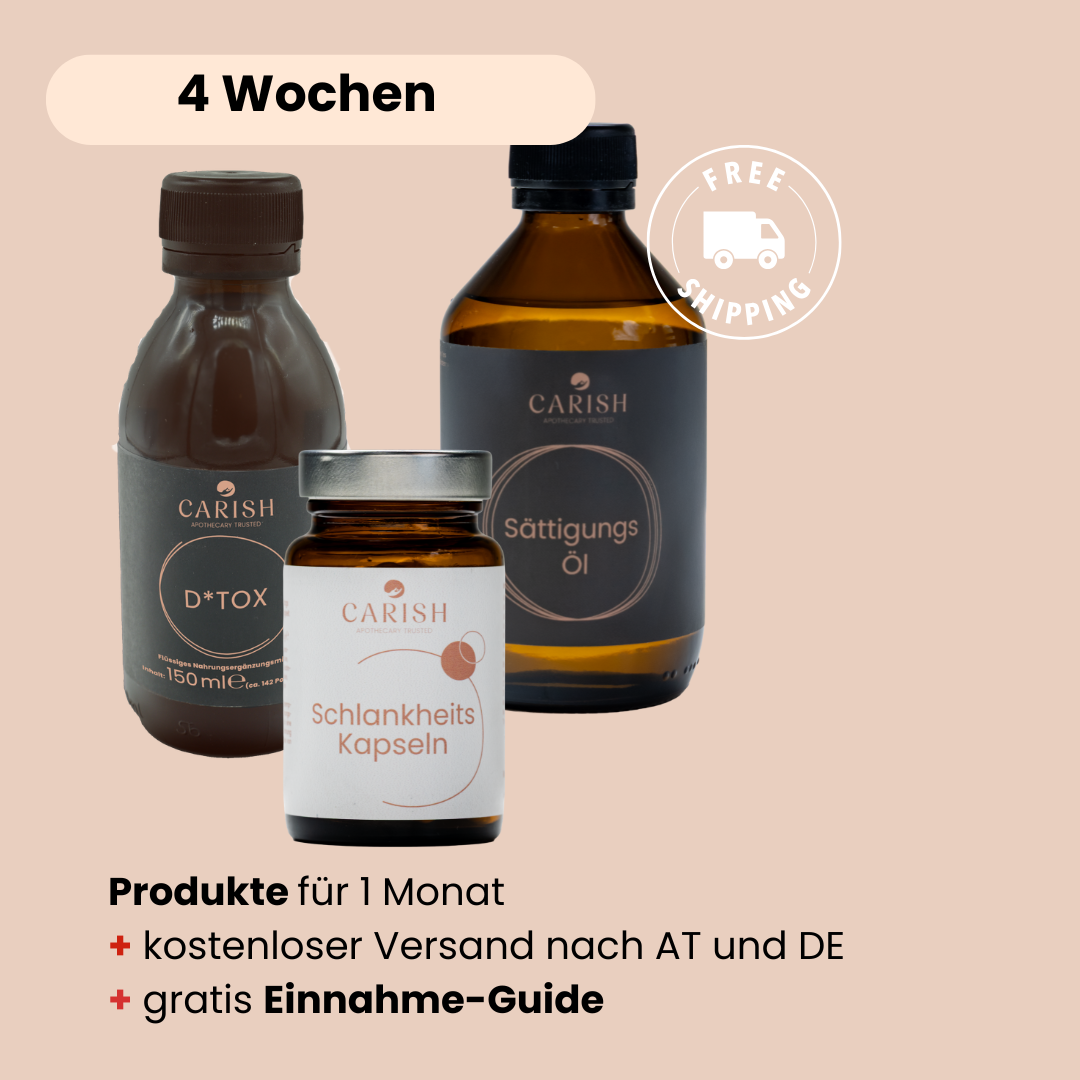 Die 3 Produkte vom Schlankheitspaket für 4 Wochen mit D*Tox Drink, Sättigungs Öl und Schlankheitskapseln und kostenlosen Versand und gratis Einnahme Guide. 