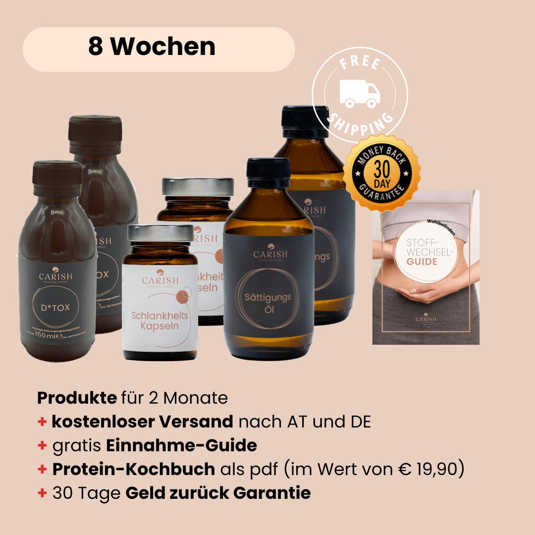 Die 3 Produkte vom Schlankheitspaket für 8 Wochen mit D*Tox Drink, Sättigungs Öl und Schlankheitskapseln und kostenlosen Versand, gratis Einnahme Guide, gratis Protein-Kochbuch und 30 Tage Geld zurück Garantie. 