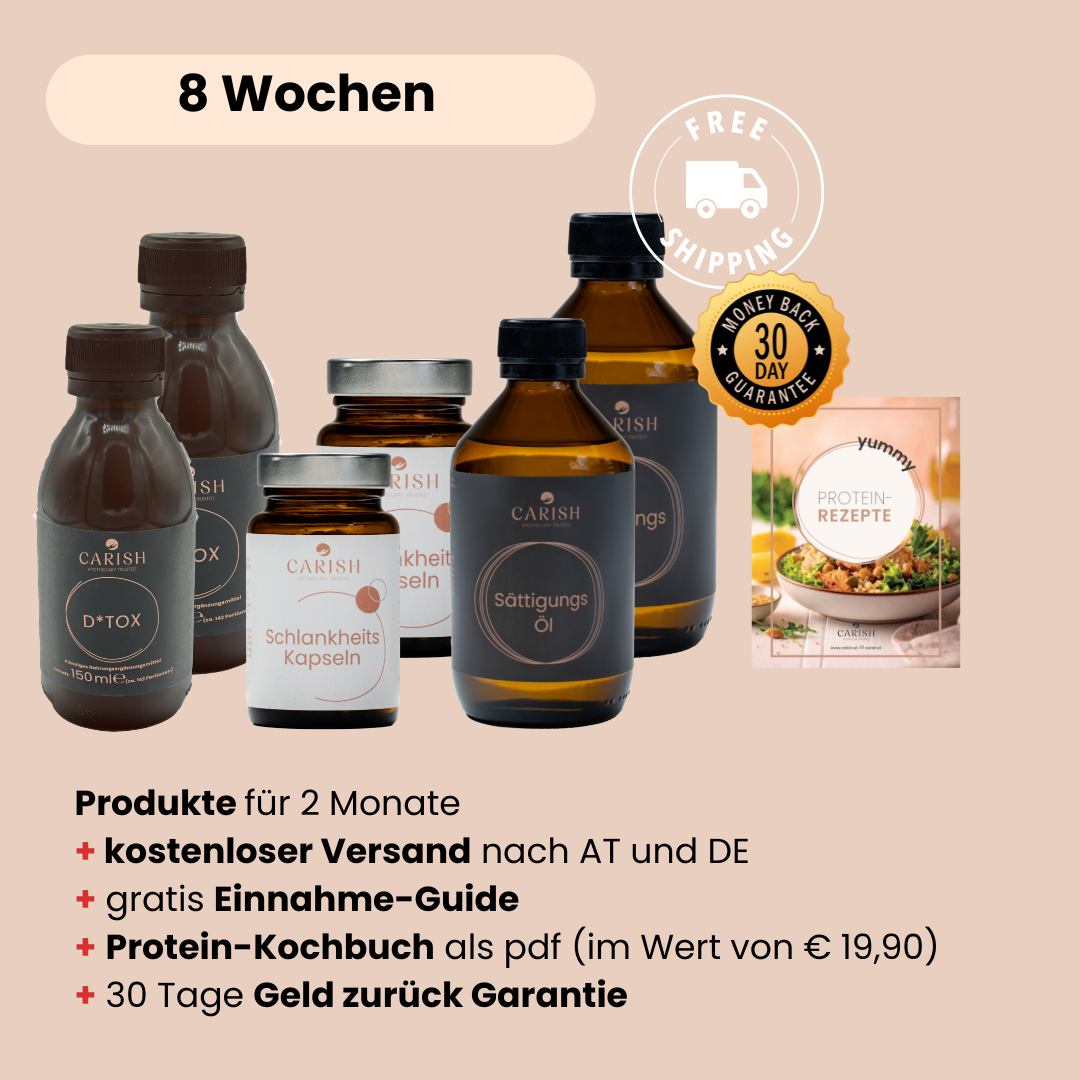 Die 3 Produkte vom Schlankheitspaket für 8 Wochen mit D*Tox Drink, Sättigungs Öl und Schlankheitskapseln und kostenlosen Versand, gratis Einnahme Guide, gratis Protein-Kochbuch und 30 Tage Geld zurück Garantie. 