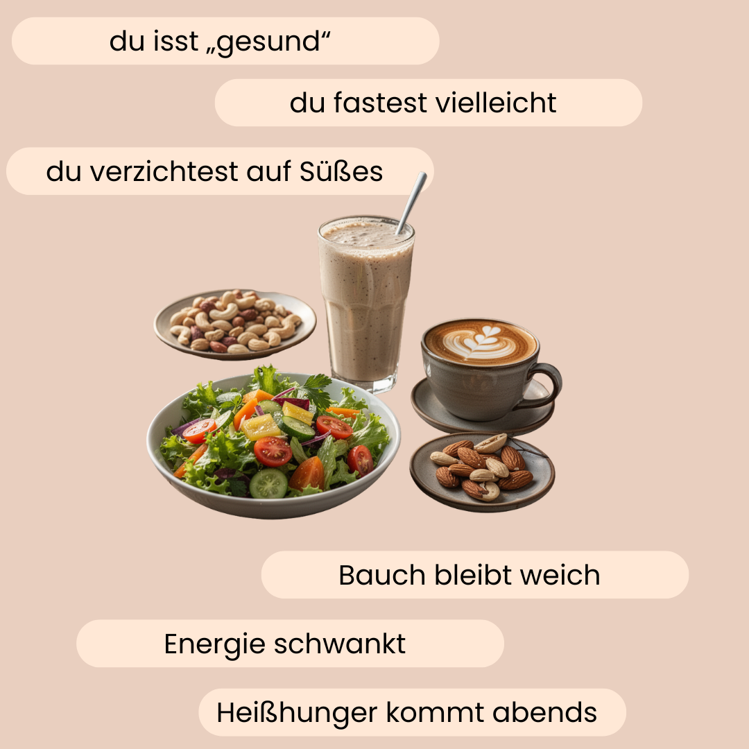 Ein Bild mit einem Capuccino, einem Shake, Salat und Nüssen.
