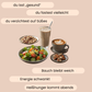Ein Bild mit einem Capuccino, einem Shake, Salat und Nüssen.