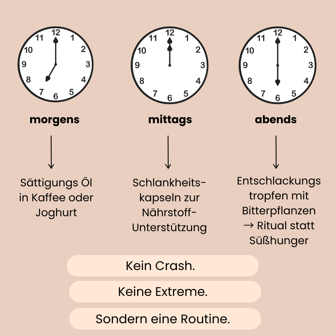 Auflistung zu welcher Tageszeit man die 3 Produkte des Schlankheitspaketes einnehmen soll. 