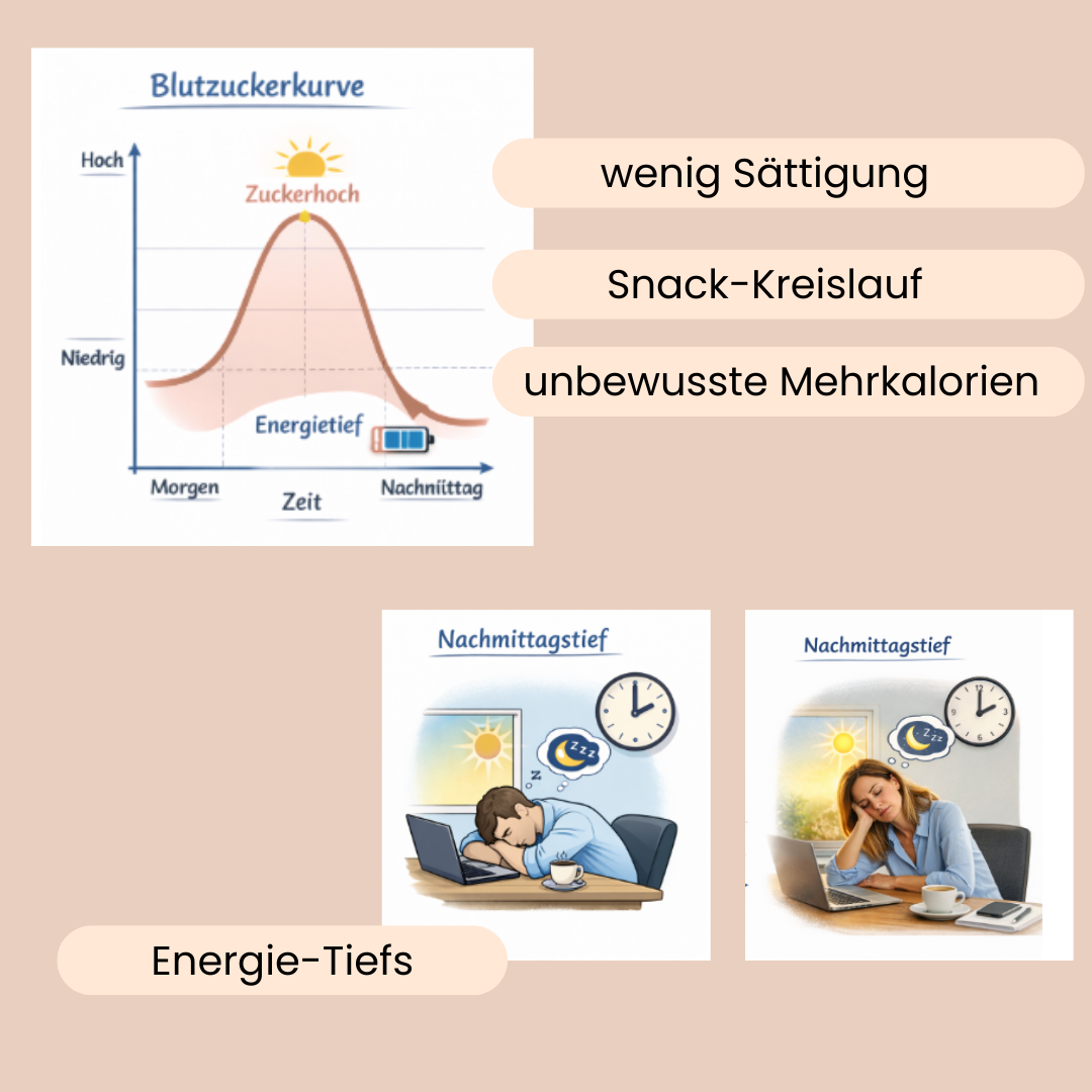 Blutzuckerkurve und Nachmittagstief sind abgebildet. 