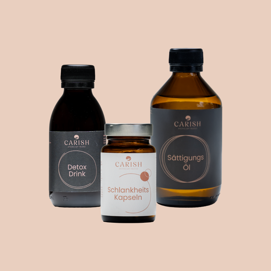 Die Produkte des Schlankheitspakets in einer dunkelbraunen Glasverpackung. Detox Drink,  Schlankheitskapseln und das Sättigungs Öl. 