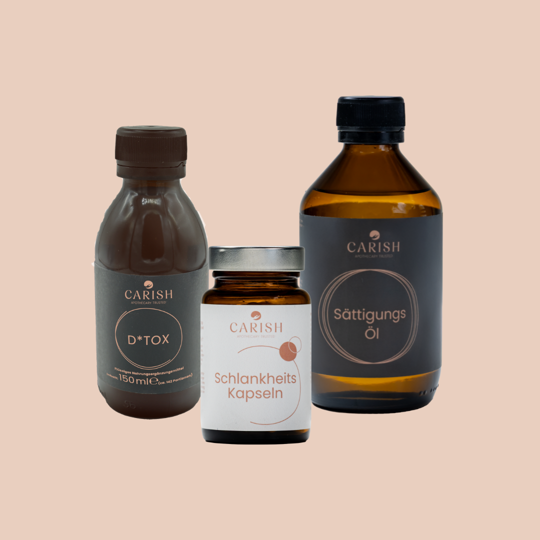 Die Produkte des Schlankheitspakets in einer dunkelbraunen Glasverpackung. Detox Drink,  Schlankheitskapseln und das Sättigungs Öl. 