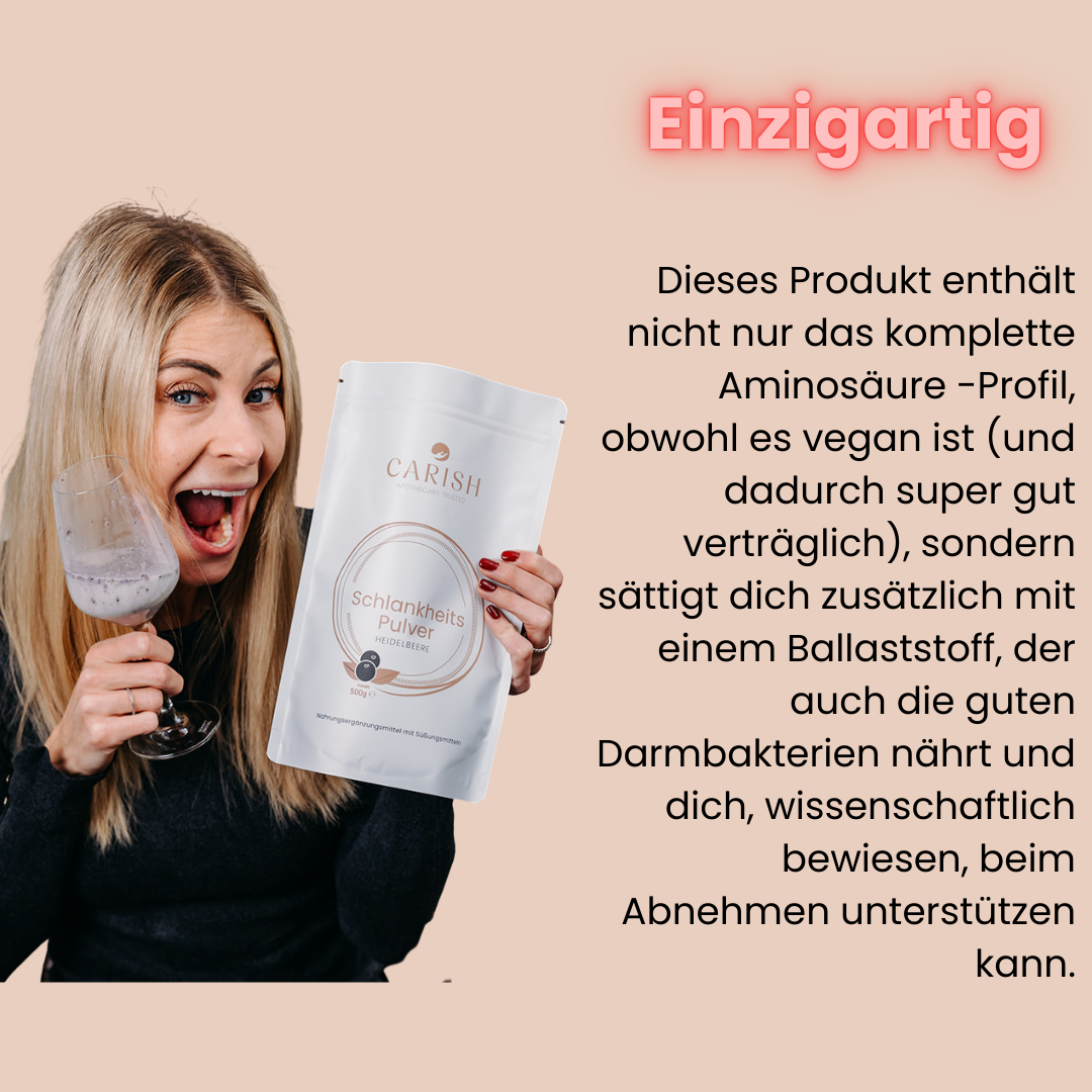 Nina Milenkovics lacht in die Kamera und hat das Schlankheitspulver Heidelbeere in ihrer Hand. 